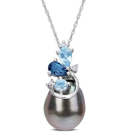 9-10mm Black Tahitian Cultured Pearl 5/8 CT TGW Blue Topaz London and Blue Topaz Sky with Diamond Accent Pendant with Chain in 14k White Gold