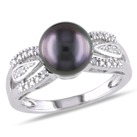 9-9.5mm Cultured Tahitian Pearl & Diamond Accent Split Shank Ring in Sterling Silver (5)