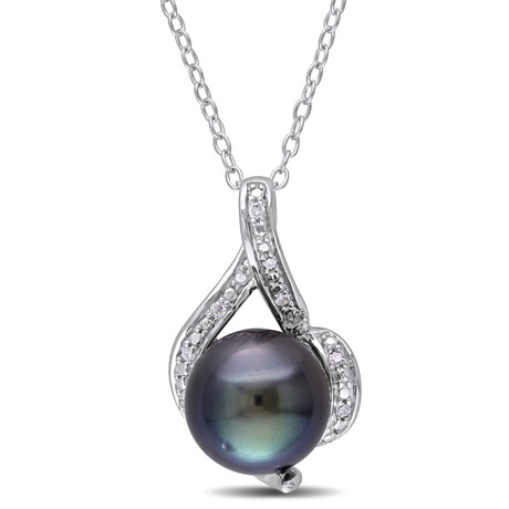 9-9.5mm Cultured Tahitian Pearl & Diamond Accent Curlicue Pendant with Chain in Sterling Silver - 18 in