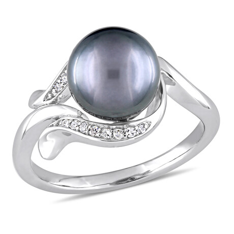 8.5-9mm Cultured Tahitian Pearl & Diamond Accent Ring in 14k White Gold (5)