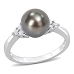 8-8.5mm Cultured Tahitian Pearl & 1/8ct TW Diamond Ring in Sterling Silver (6)