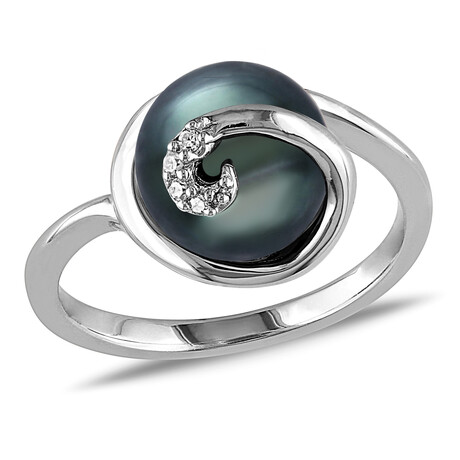 9-9.5mm Cultured Tahitian Pearl & Diamond Accent Swirl Ring in Sterling Silver (5)