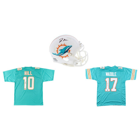 Tyreek Hill Signed Dolpins Jersey, Jaylen Waddle Signed Dolphins Jersey, & Jaylen Waddle Signed Dolphins Speed Mini Helmet