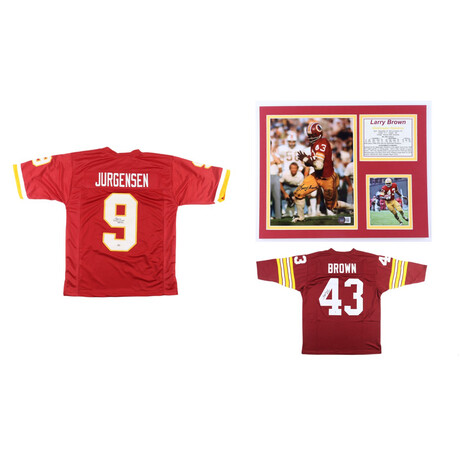 Sonny Jurgensen Signed  Redskins Jersey Inscribed "HOF 83" , Larry Brown Signed  Redskins Jersey Inscribed "1972 NFL MVP", & Larry Brown Signed Redskins Custom Matted Photo Display