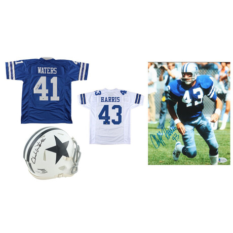 Charlie Waters Signed Cowboy Jersey, Charlie Waters Signed Cowboys Throwback Speed Mini Helmet, Cliff Harris Signed Cowboy Jersey, & Cliff Harris Signed Cowboys 8x10 Photo