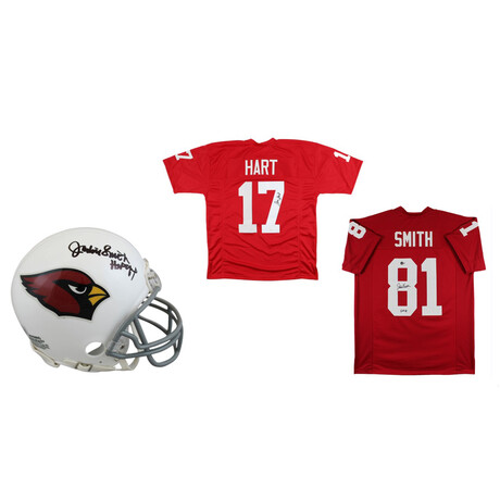 Jim Hart Signed Cardinals Jersey, Jackie Smith Signed Cardinals Jersey Inscribed "HOF 94", & Jackie Smith Signed Cardinals Mini Helmet Inscribed "HOF 94"