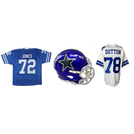 Ed "Too Tall" Jones Signed Cowboys Jersey, John Dutton Signed Cowboys Jersey, & Randy White Signed Cowboys Flash Alternate Speed Mini Helmet Inscribed "HOF 94"