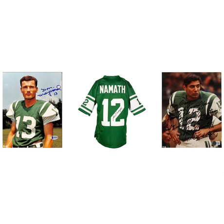 Joe Namath Signed Jets Jersey, Joe Namath Signed 8x10 Jets Photo With Extensive Inscription, & Don Maynard Signed Jets 8x10 Photo