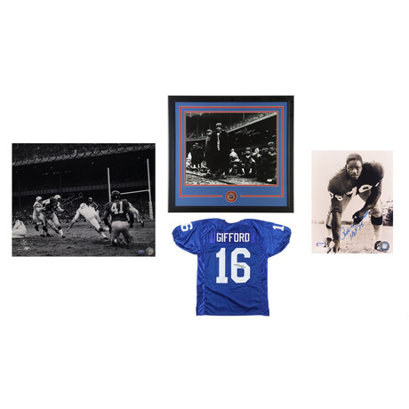 Frank Gifford Signed Giants Jersey, Frank Gifford Signed Giants Custom 24x24 Framed Photo Display with Team Logo Medallion, Rosey Brown Signed Giants 8x10 Photo , & Don Maynard Signed Giants 16x20 Photo