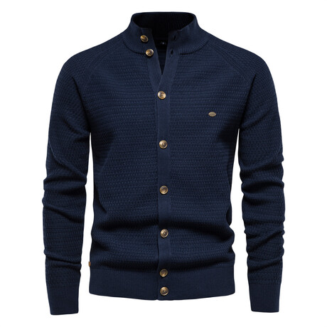 Mock Neck Full Button Up Cardigan // Navy Blue (XS)