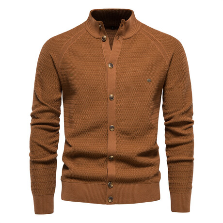 Mock Neck Full Button Up Cardigan // Camel (XS)