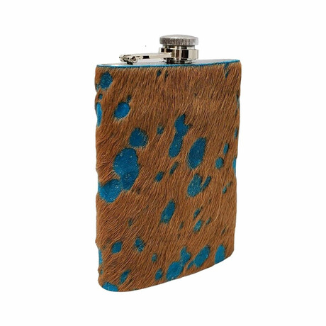 The Essentials Leather + Stainless Steel Exotic Turquoise Fur Print Flask // 8 oz