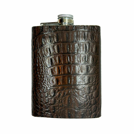 The Essentials Leather + Stainless Steel Crocodile Print Flask // 8 oz