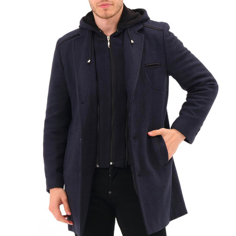 Button Up Hooded Overcoat // Dark Blue Melange (S)