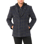 Checkered Hooded Zip Up Overcoat // Dark Blue (S)