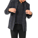 Checkered Hooded Zip Up Overcoat // Dark Blue (S)