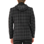 Checkered Hooded Zip Up Overcoat // Black (S)