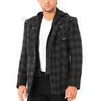 Checkered Hooded Zip Up Overcoat // Black (S)