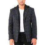 Checkered Hooded Zip Up Overcoat // Dark Blue (S)