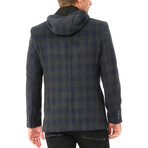 Checkered Hooded Zip Up Overcoat // Dark Blue (S)