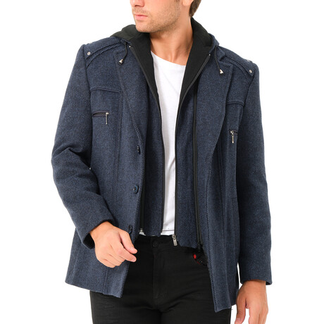 Hooded Zip Up Overcoat // Dark Blue Melange (S)