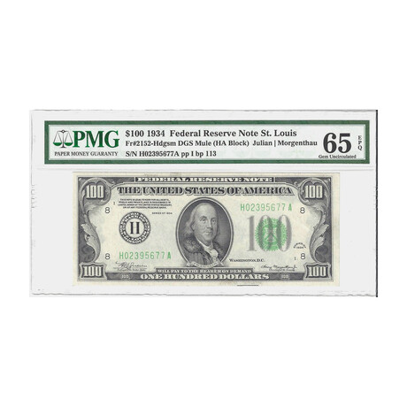 1934 - Extremly Rare $ 100 Federal Reserve Mule St Louis Only 2 In This Grade  Pmg 65Epq # 677