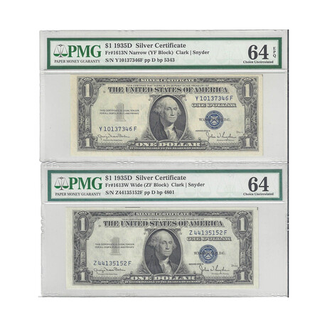 1935 D $ 1 Silver Certificates Narrow and Wide Pair Pmg 64 Epq and Pmg 64