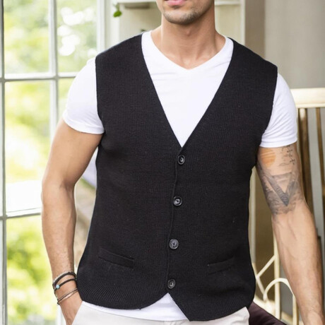 V-Neck Button Up Vest Sweater // Black (S)