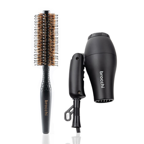 Foldable Dual-Voltage Mini Travel Dryer and Round Brush Set