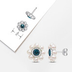 3.5-4mm Cultured Freshwater Pearl and 1 1/8ct TGW London Blue Topaz Floral Stud Earrings in 10k White Gold