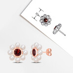 3.5-4mm Cultured Freshwater Pearl and 1 1/5ct TGW Garnet Floral Stud Earrings in 10k Rose Gold