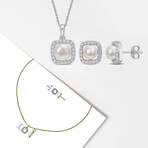 6-7.5mm White Round Cultured Freshwater Pearl and 3/5ct TGW Created White Sapphire 2-Piece Halo Necklace and Earrings Set in 10k White Gold