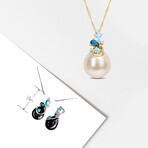 9-10mm South Sea Cultured Pearl 5/8 CT TGW Sky & London Blue Topaz and Diamond Accent Cluster Pendant with Chain in 14k Yellow Gold