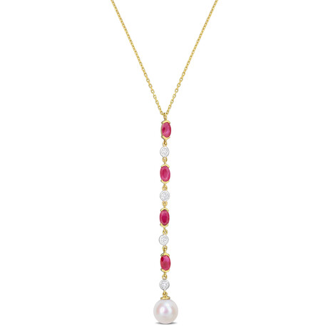 7.5-8mm Cultured Freshwater Pearl 1ct TGW Oval-Cut Ruby and 1/5ct TDW Diamond Drop Lariat Necklace in 10k Yellow Gold