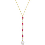 7.5-8mm Cultured Freshwater Pearl 1ct TGW Oval-Cut Ruby and 1/5ct TDW Diamond Drop Lariat Necklace in 10k Yellow Gold