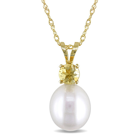 8 - 8.5 mm Cultured Freshwater Pearl and Citrine Pendant With Chain in 14k Yellow Gold