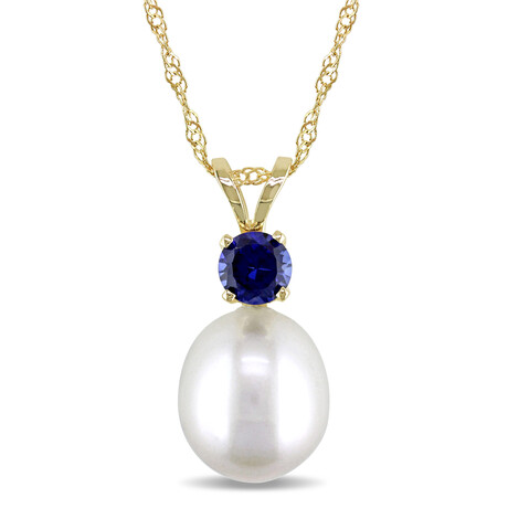 8 - 8.5 mm Cultured Freshwater Pearl and Sapphire Pendant With Chain in 14k Yellow Gold