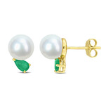 7-7.5mm Cultured Freshwater Pearl and 3/8ct TGW Pear Cut Emerald Earrings in 14k Yellow Gold