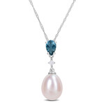 8-8.5 mm Rice-Shaped Pink Cultured Freshwater Pearl Pear-Cut 1/2ct TGW London-Blue Topaz and Diamond Accent Drop Pendant with Chain in 10k White Gold