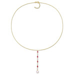 7.5-8mm Cultured Freshwater Pearl 1ct TGW Oval-Cut Ruby and 1/5ct TDW Diamond Drop Lariat Necklace in 10k Yellow Gold