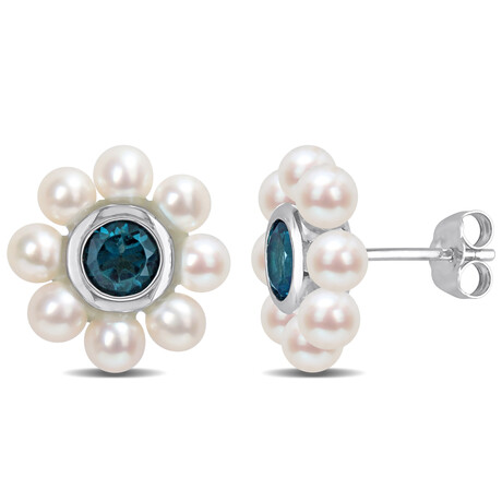 3.5-4mm Cultured Freshwater Pearl and 1 1/8ct TGW London Blue Topaz Floral Stud Earrings in 10k White Gold