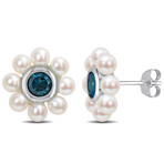 3.5-4mm Cultured Freshwater Pearl and 1 1/8ct TGW London Blue Topaz Floral Stud Earrings in 10k White Gold