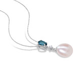 8-8.5 mm Rice-Shaped Pink Cultured Freshwater Pearl Pear-Cut 1/2ct TGW London-Blue Topaz and Diamond Accent Drop Pendant with Chain in 10k White Gold