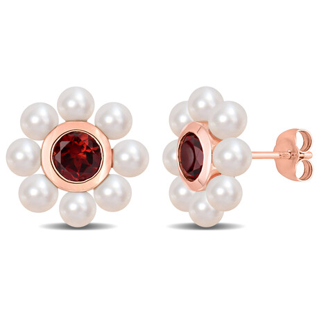 3.5-4mm Cultured Freshwater Pearl and 1 1/5ct TGW Garnet Floral Stud Earrings in 10k Rose Gold