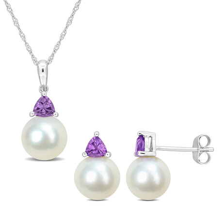 8-8.5mm Cultured Freshwater Pearl and 5/8ct TGW Amethyst Earrings and Pendant Set in 10k White Gold with Chain