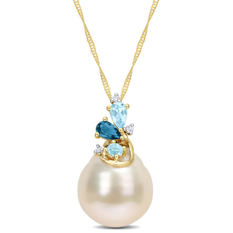 9-10mm South Sea Cultured Pearl 5/8 CT TGW Sky & London Blue Topaz and Diamond Accent Cluster Pendant with Chain in 14k Yellow Gold