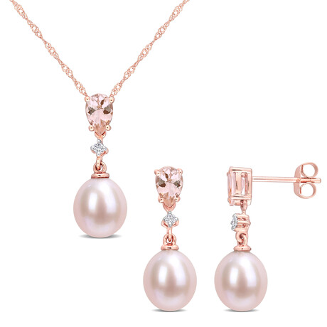 9-9.5mm Pink Cultured Freshwater Pearl and 1 1/5ct TGW Morganite and Diamond Accent Drop Earrings and Pendant Set in 10k Rose Gold