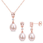 9-9.5mm Pink Cultured Freshwater Pearl and 1 1/5ct TGW Morganite and Diamond Accent Drop Earrings and Pendant Set in 10k Rose Gold