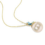 9-10mm South Sea Cultured Pearl 5/8 CT TGW Sky & London Blue Topaz and Diamond Accent Cluster Pendant with Chain in 14k Yellow Gold