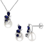 7.5 - 9 mm Cultured Freshwater Pearl 1/10 CT TW Diamond and Blue Sapphire 3-Stone Earrings and Pendant with Chain Set in 10k White Gold